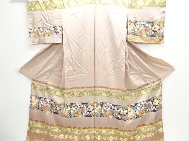 JAPANESE KIMONO / KARIEBA FOR HOMONGI / SILK / STRIPE & FLORAL PLANTS